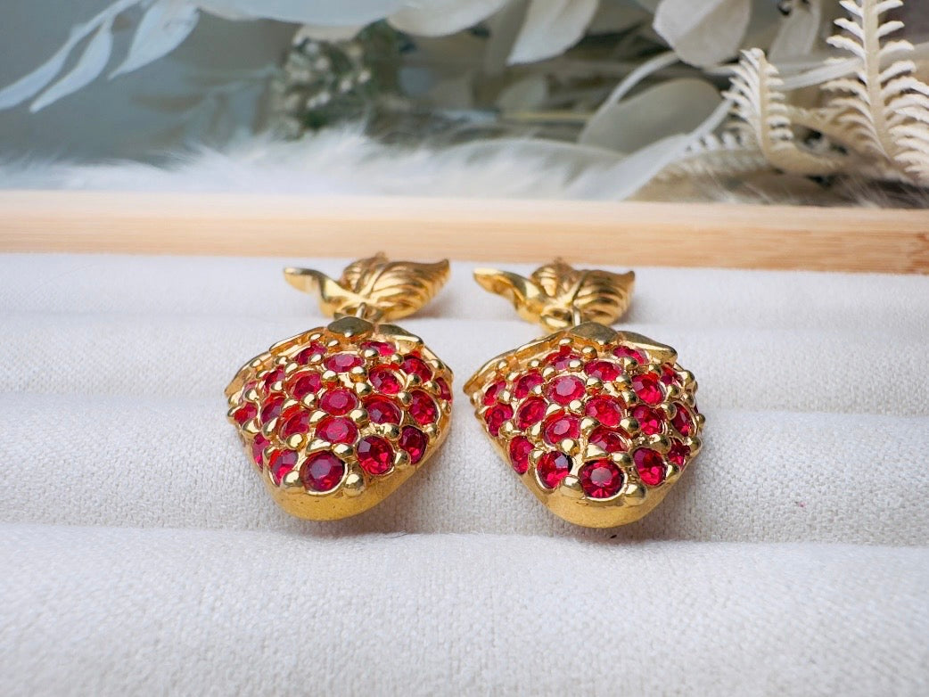 Strawberry Earrings, 90s Vintage Rhinestone Fruit Earrings with Sparkling Red Crystals