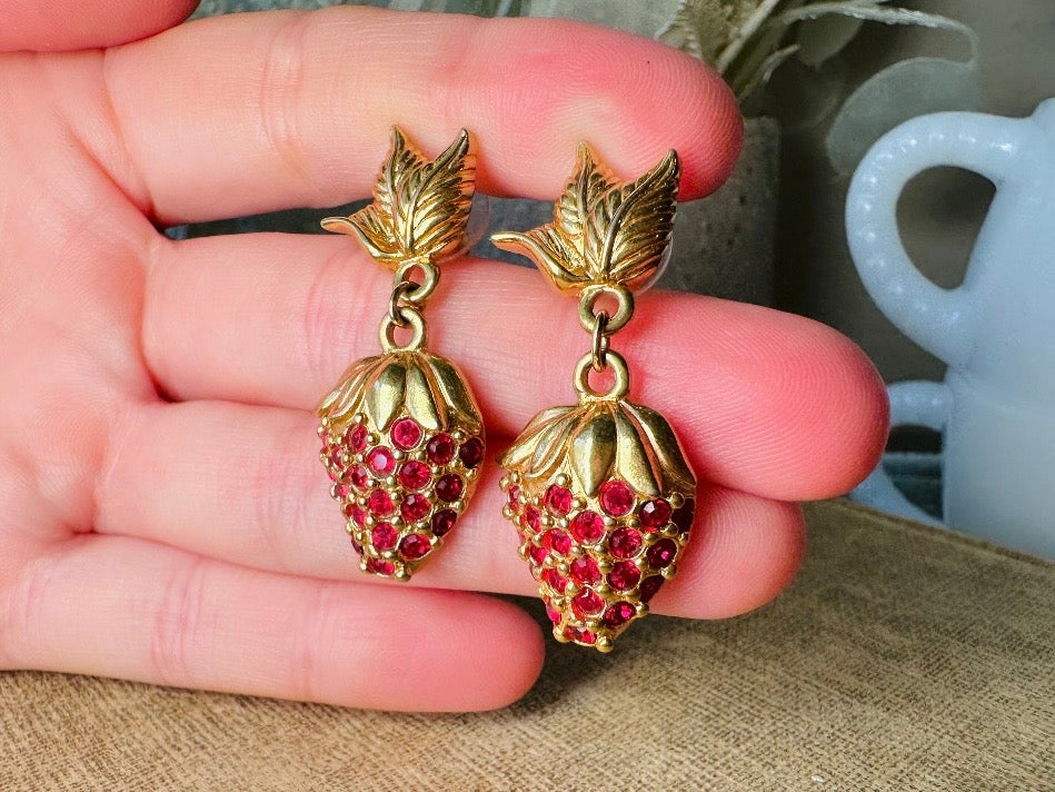 Strawberry Earrings, 90s Vintage Rhinestone Fruit Earrings with Sparkling Red Crystals