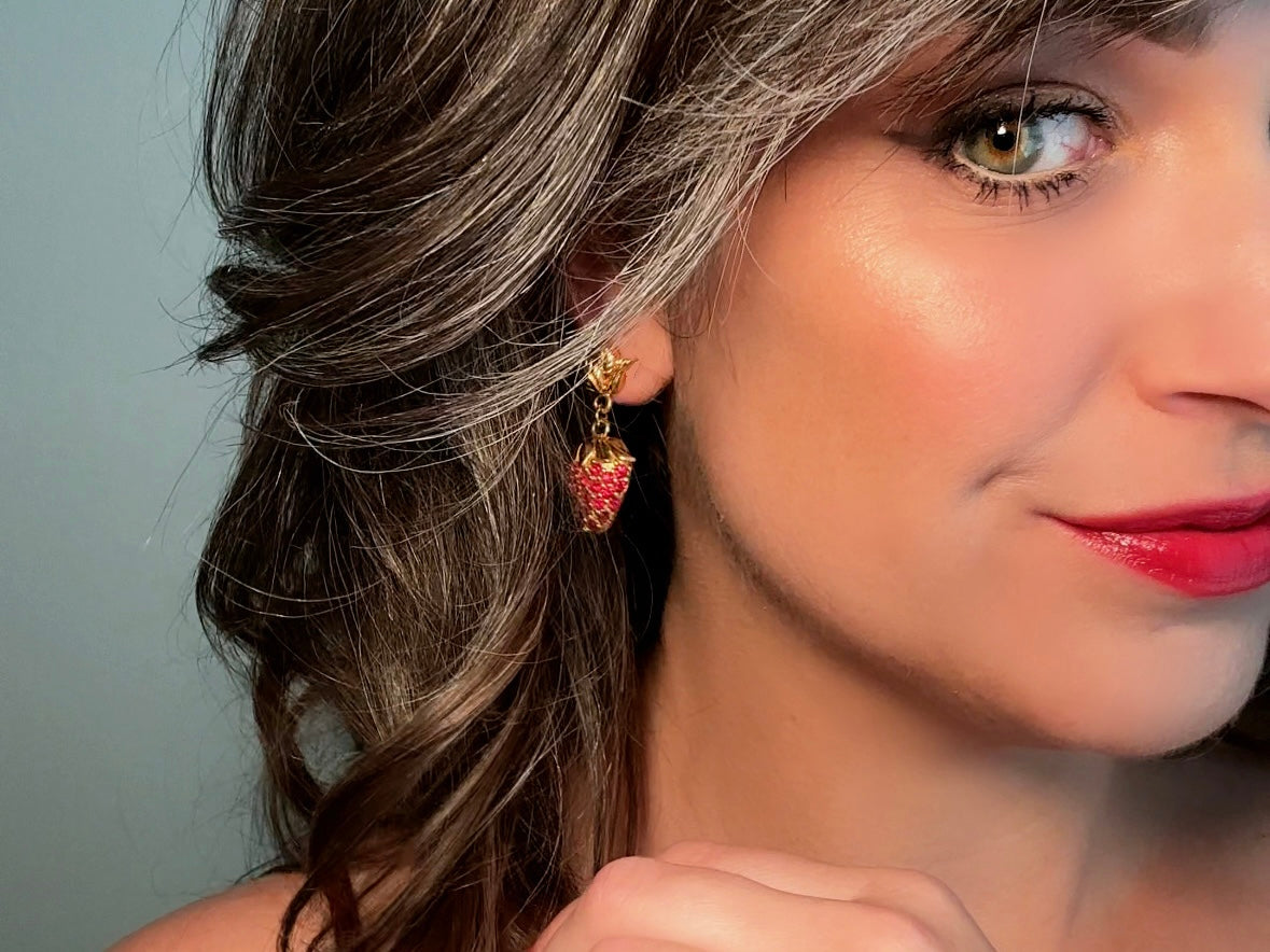 Strawberry Earrings, 90s Vintage Rhinestone Fruit Earrings with Sparkling Red Crystals