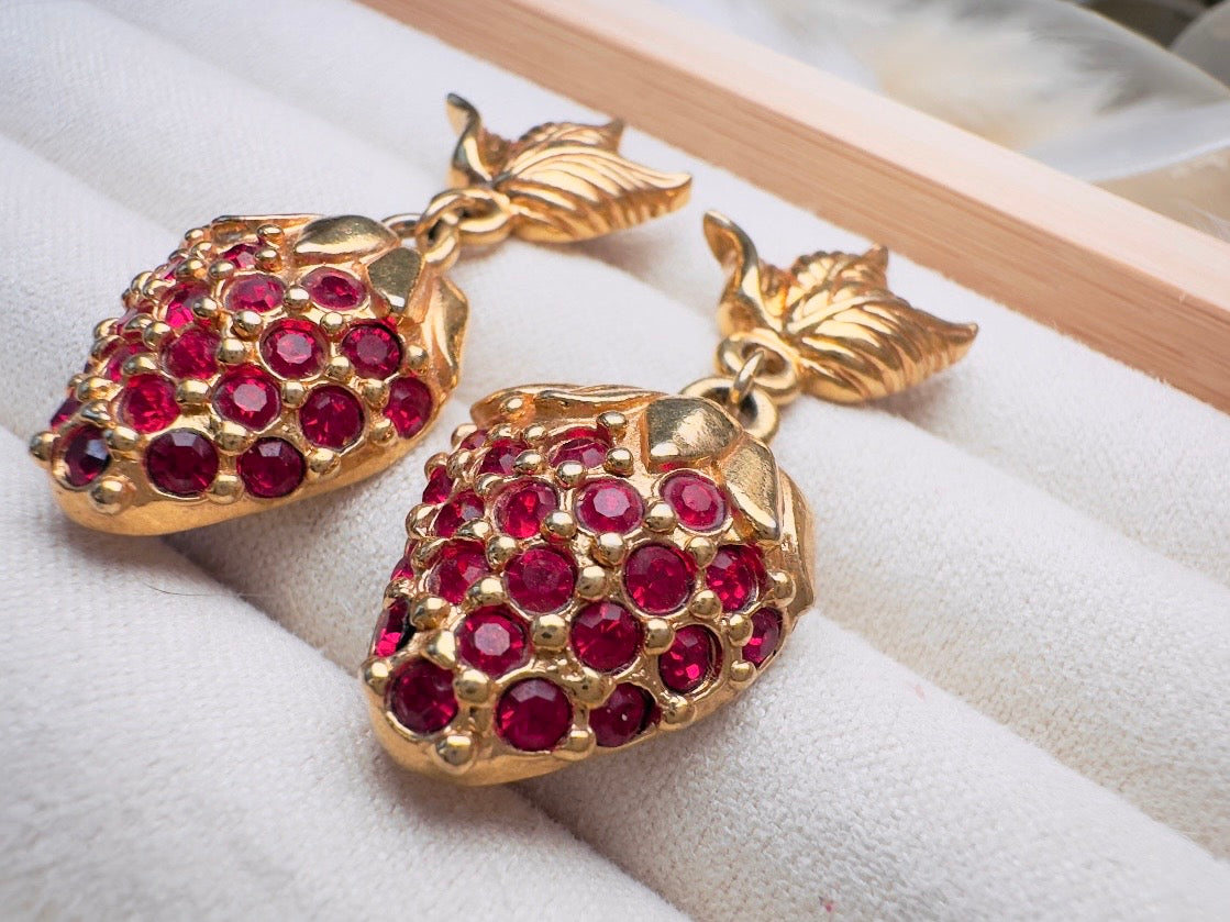 Strawberry Earrings, 90s Vintage Rhinestone Fruit Earrings with Sparkling Red Crystals
