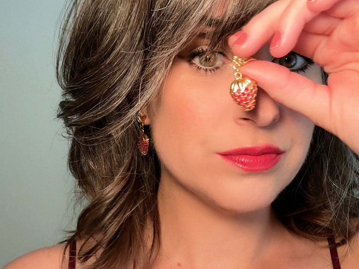 Strawberry Earrings, 90s Vintage Rhinestone Fruit Earrings with Sparkling Red Crystals