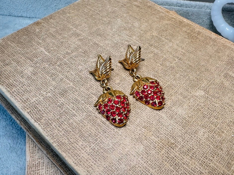 Strawberry Earrings, 90s Vintage Rhinestone Fruit Earrings with Sparkling Red Crystals
