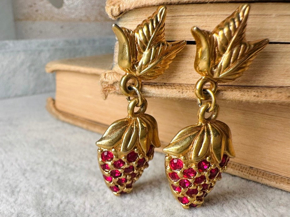 Strawberry Earrings, 90s Vintage Rhinestone Fruit Earrings with Sparkling Red Crystals