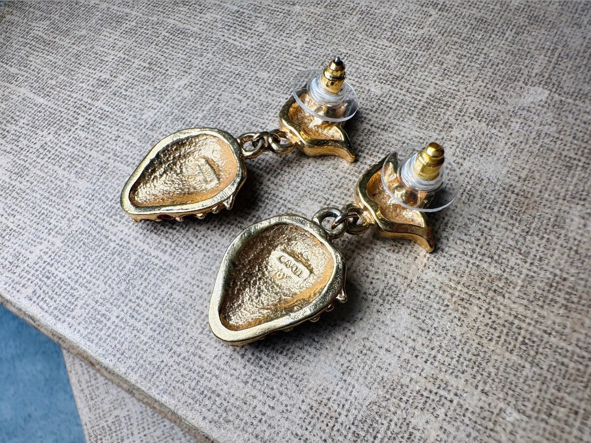 Strawberry Earrings, 90s Vintage Rhinestone Fruit Earrings with Sparkling Red Crystals