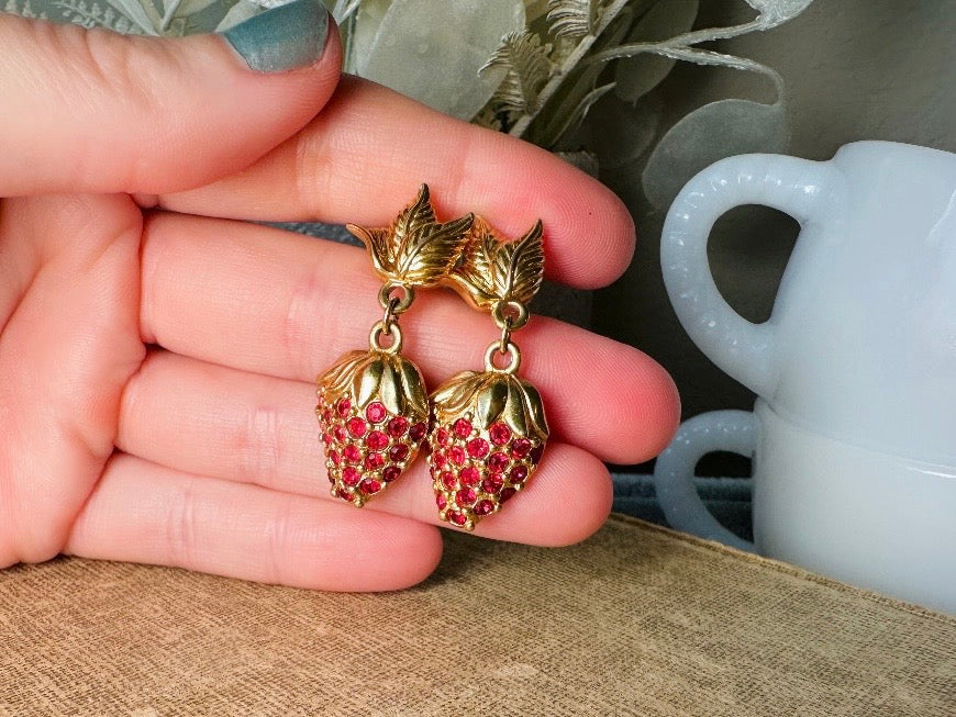 Strawberry Earrings, 90s Vintage Rhinestone Fruit Earrings with Sparkling Red Crystals