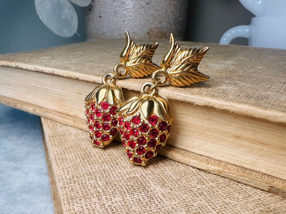 Strawberry Earrings, 90s Vintage Rhinestone Fruit Earrings with Sparkling Red Crystals