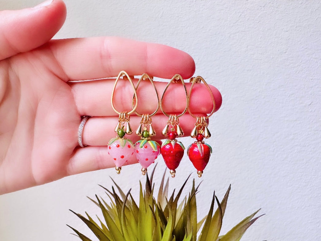 Strawberry Earrings, Original Handmade 24k Gold + Murano Glass Earring, Unique Fruit Charm Earrings, Glass Strawberry Earrings Pink or Red