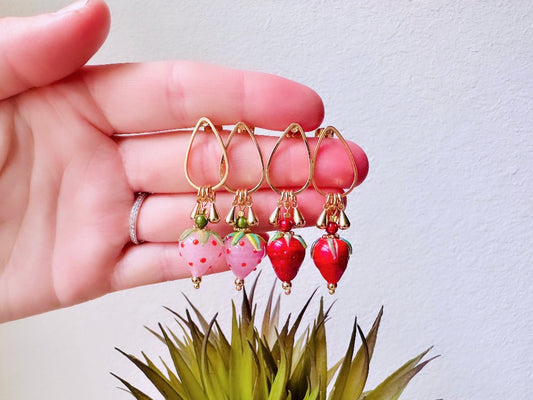Strawberry Earrings, Original Handmade 24k Gold + Murano Glass Earring, Unique Fruit Charm Earrings, Glass Strawberry Earrings Pink or Red
