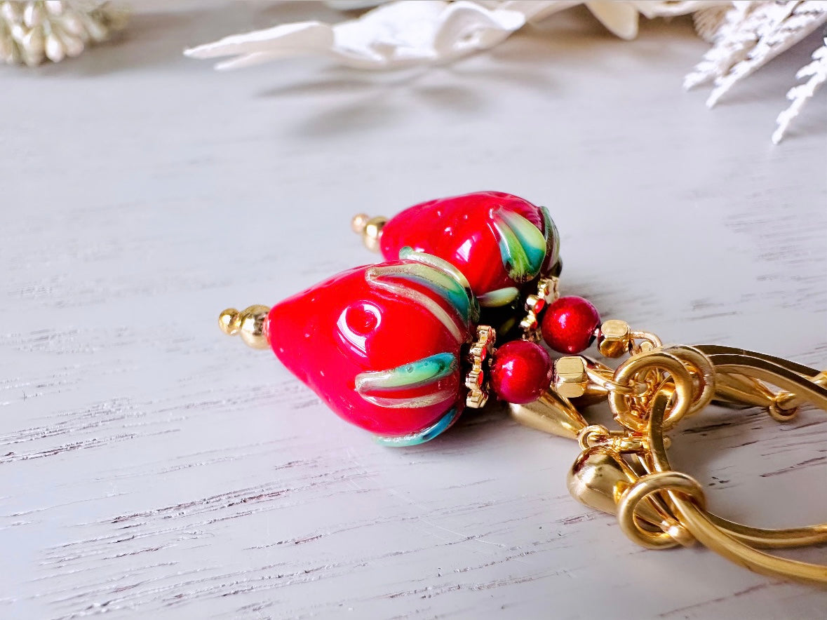 Strawberry Earrings, Original Handmade 24k Gold + Murano Glass Earring, Unique Fruit Charm Earrings, Glass Strawberry Earrings Pink or Red from Piggle and Pop