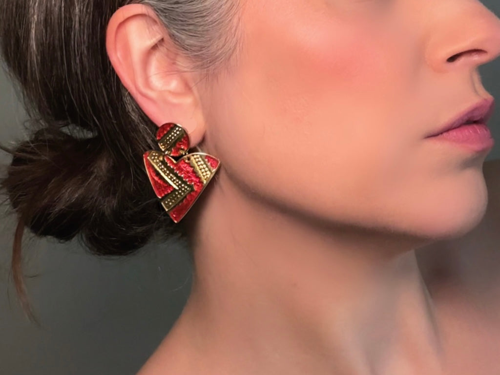 Vintage Geometric Earrings, 1980s Red and Gold Enamel Triangle Pierced Post Earring from Piggle and Pop modelled by owner Bethan Jayne
