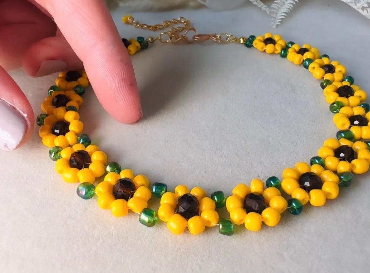 Sunflower Choker Necklace, Handmade Beaded Flower Necklace in Golden Yellow, Brown and Green