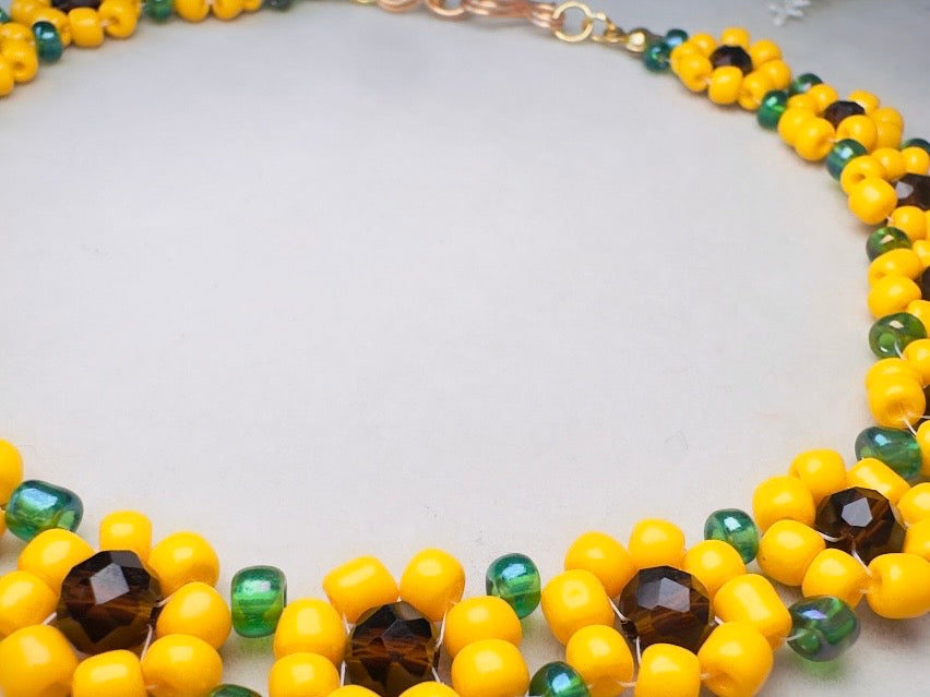 Sunflower Choker Necklace, Handmade Beaded Flower Necklace in Golden Yellow, Brown and Green