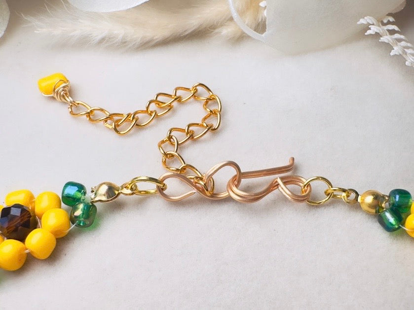 Sunflower Choker Necklace, Handmade Beaded Flower Necklace in Golden Yellow, Brown and Green