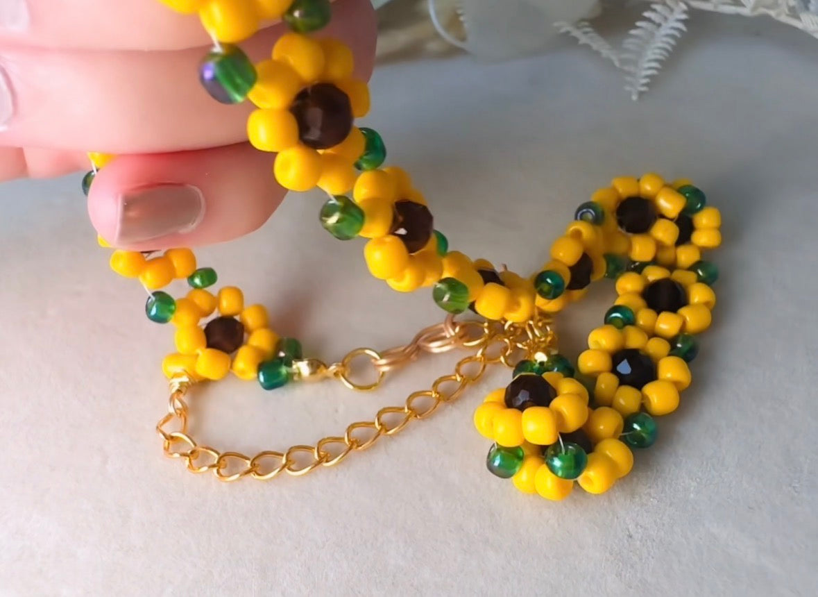 Sunflower Choker Necklace, Handmade Beaded Flower Necklace in Golden Yellow, Brown and Green