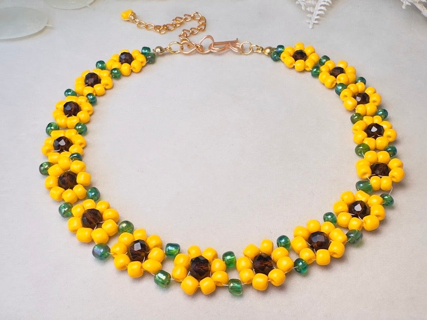 Sunflower Choker Necklace, Handmade Beaded Flower Necklace in Golden Yellow, Brown and Green