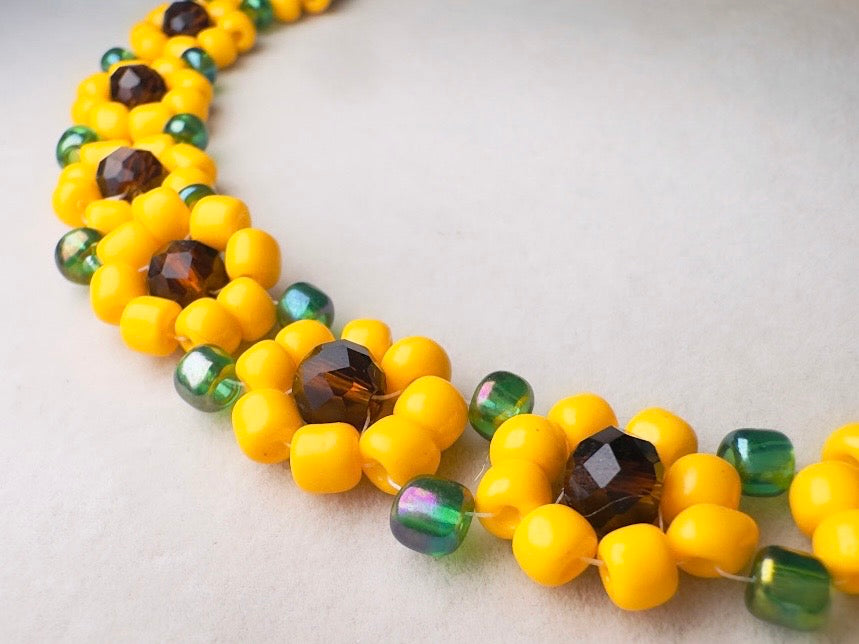 Sunflower Choker Necklace, Handmade Beaded Flower Necklace in Golden Yellow, Brown and Green