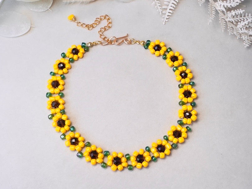 Sunflower Choker Necklace, Handmade Beaded Flower Necklace in Golden Yellow, Brown and Green