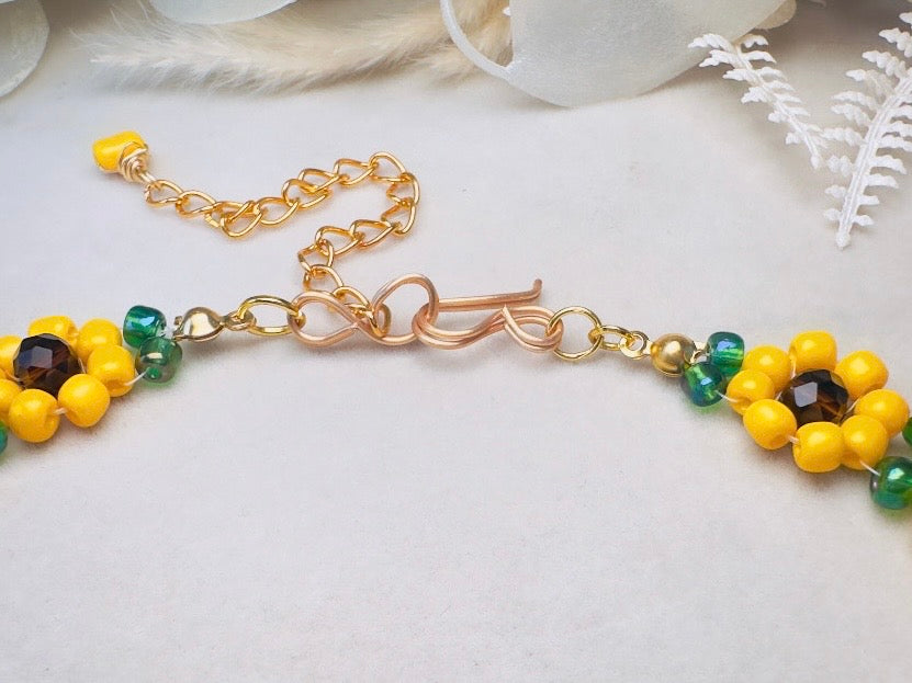 Sunflower Choker Necklace, Handmade Beaded Flower Necklace in Golden Yellow, Brown and Green