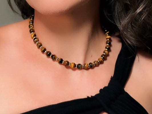 Tiger's Eye Gemstone Necklace, Handmade Beaded Necklace with Gold Statement Clasp