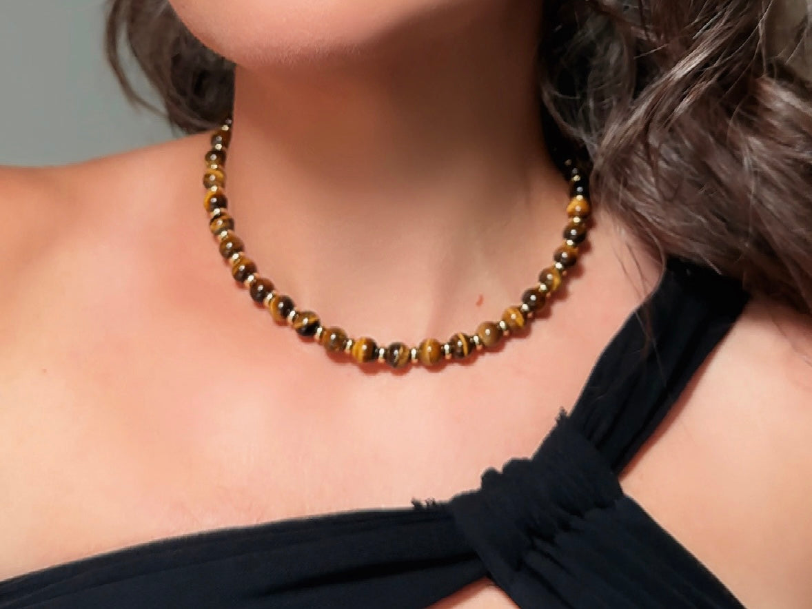 Tiger's Eye Gemstone Necklace, Handmade Beaded Necklace with Gold Statement Clasp