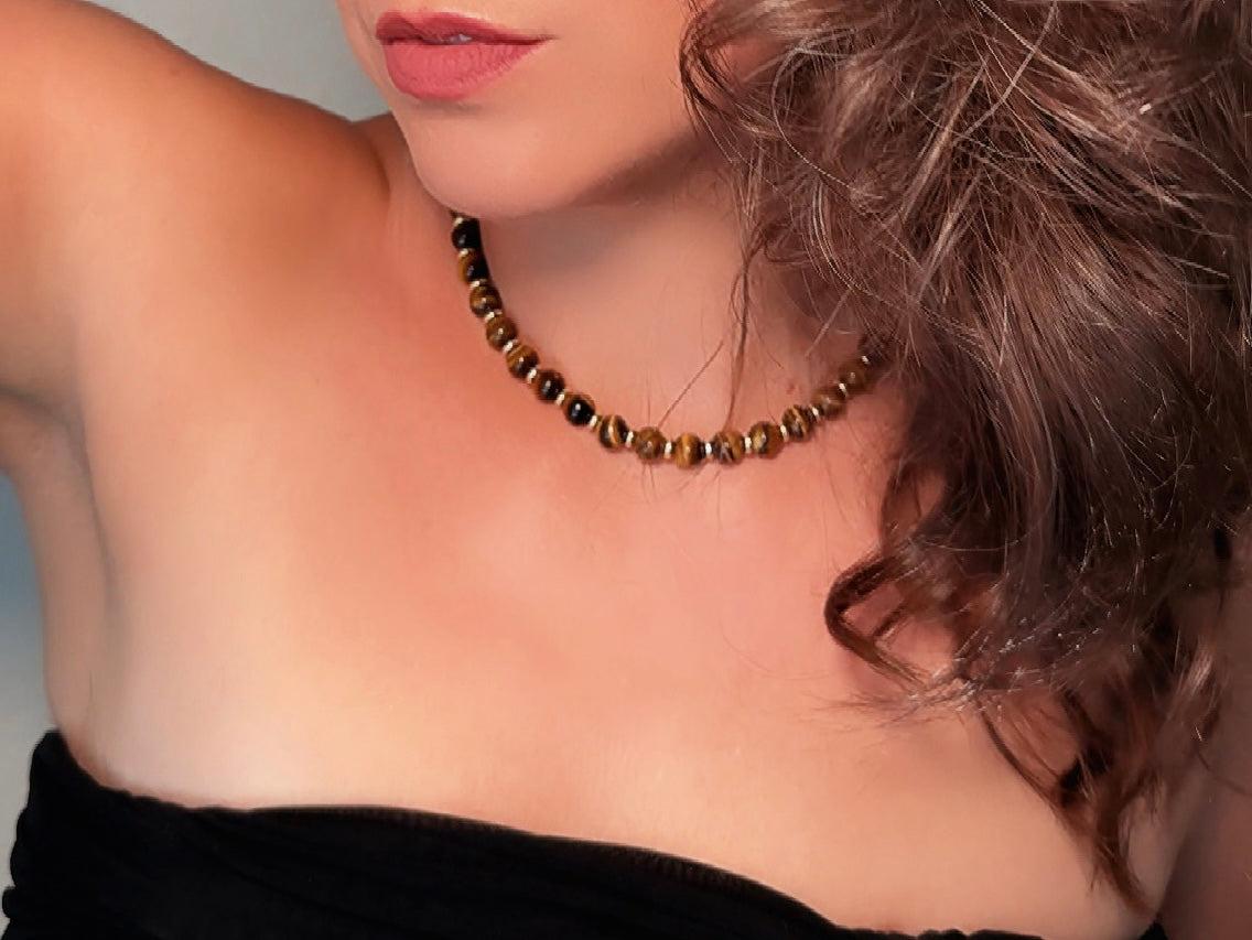 Tiger's Eye Gemstone Necklace, Handmade Beaded Necklace with Gold Statement Clasp