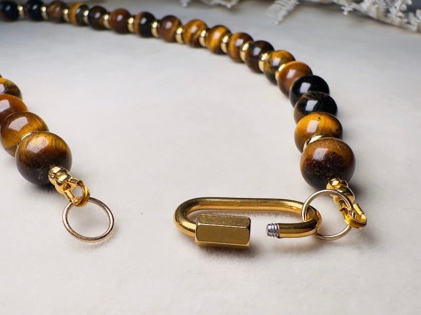 Tiger's Eye Gemstone Necklace, Handmade Beaded Necklace with Gold Statement Clasp