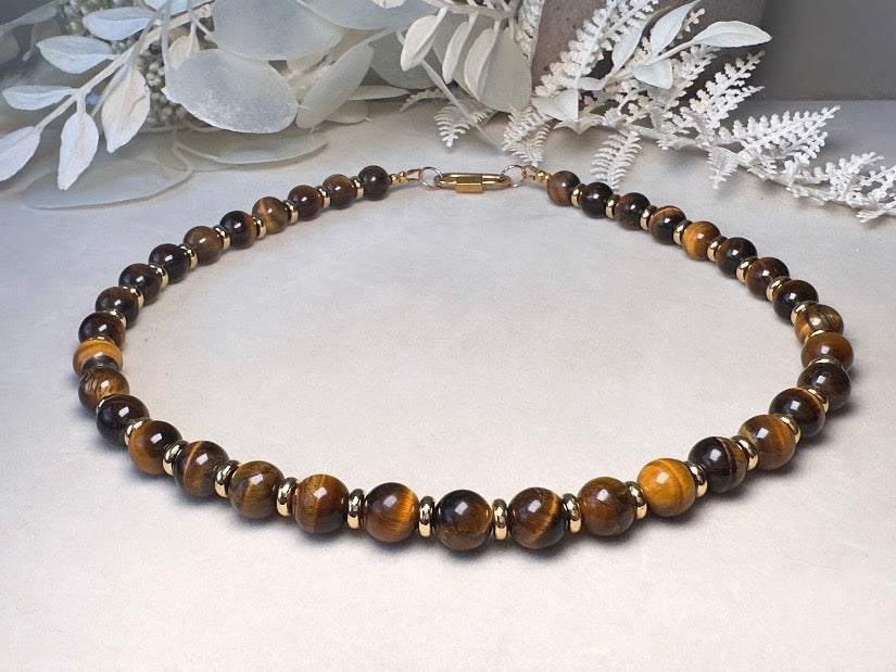Tiger's Eye Gemstone Necklace, Handmade Beaded Necklace with Gold Statement Clasp
