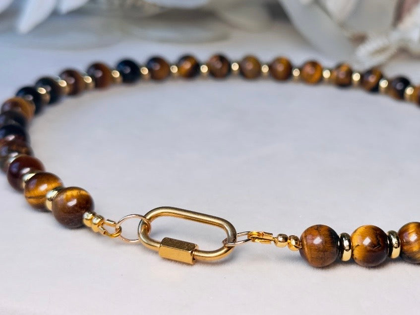 Tiger's Eye Gemstone Necklace, Handmade Beaded Necklace with Gold Statement Clasp