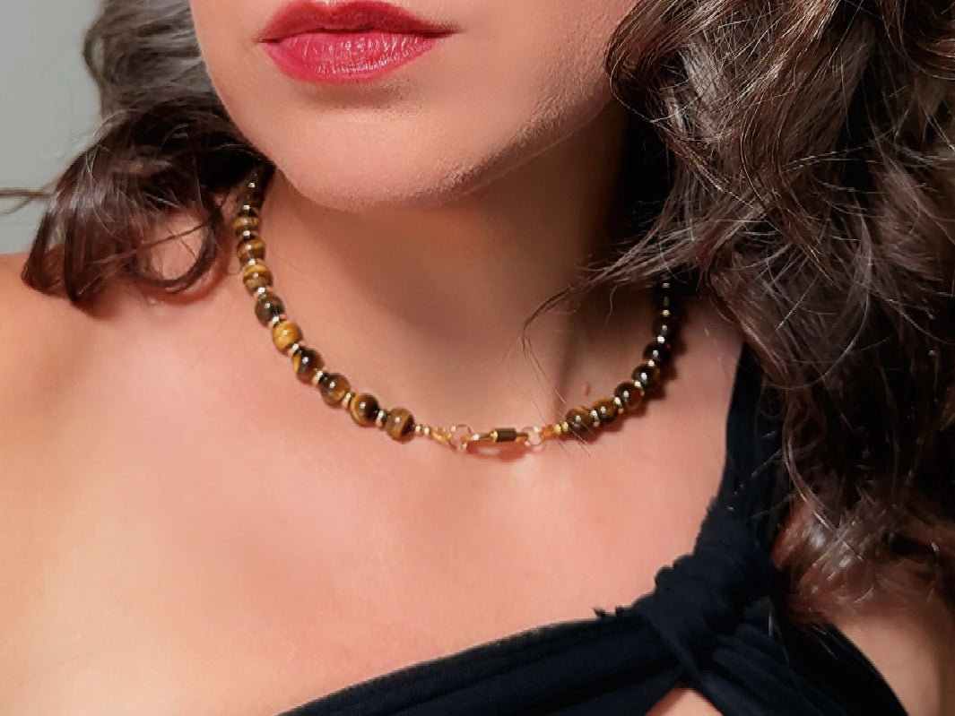 Tiger's Eye Gemstone Necklace, Handmade Beaded Necklace with Gold Statement Clasp