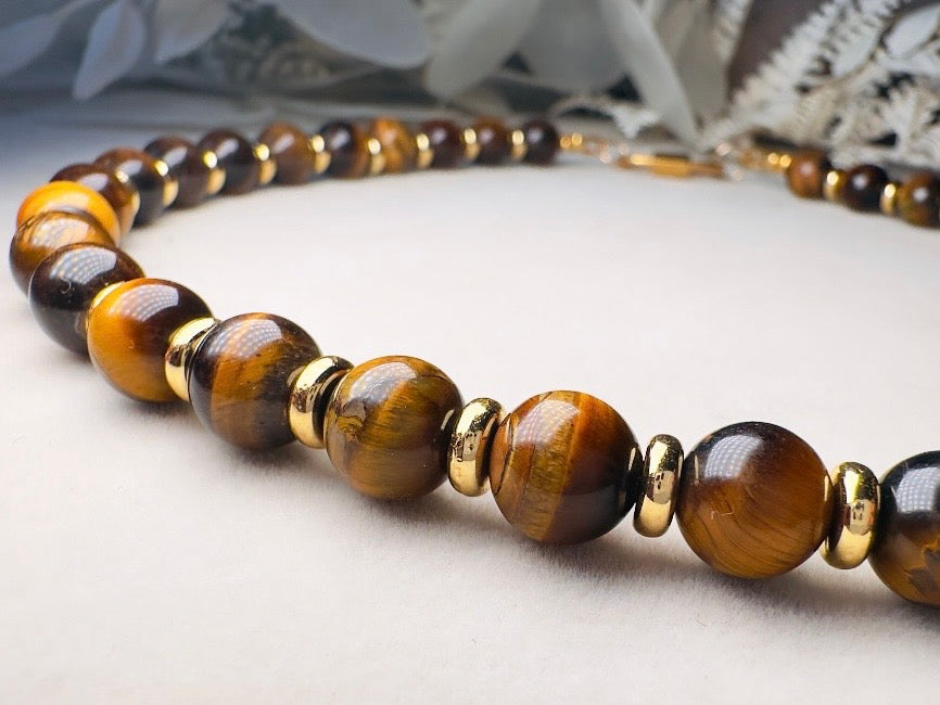 Tiger's Eye Gemstone Necklace, Handmade Beaded Necklace with Gold Statement Clasp