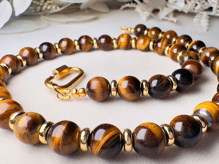Tiger's Eye Gemstone Necklace, Handmade Beaded Necklace with Gold Statement Clasp