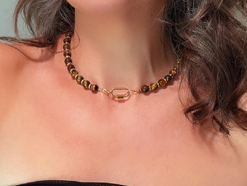 Tiger's Eye Gemstone Necklace, Handmade Beaded Necklace with Gold Statement Clasp