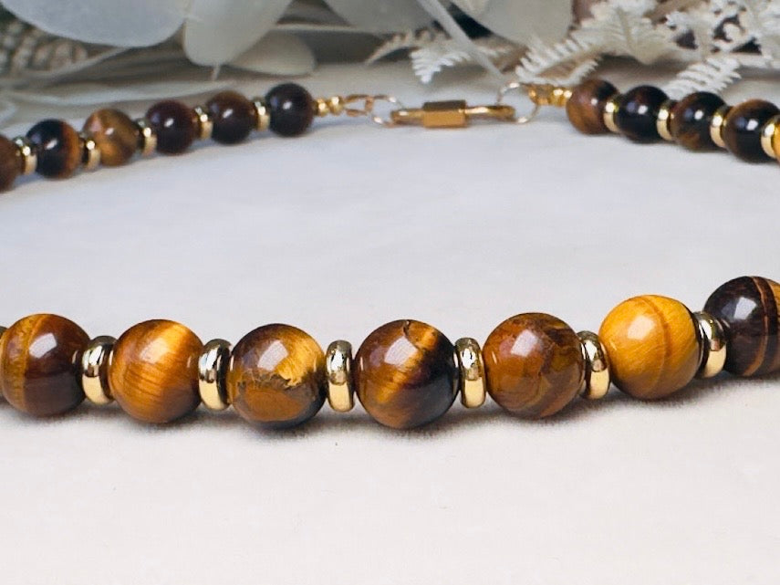 Tiger's Eye Gemstone Necklace, Handmade Beaded Necklace with Gold Statement Clasp