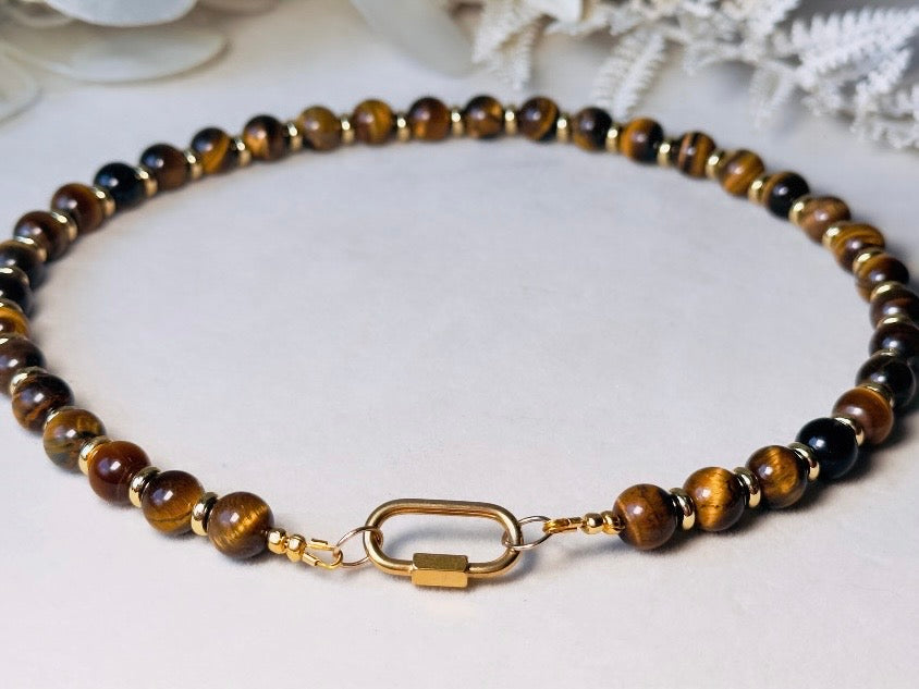 Tiger's Eye Gemstone Necklace, Handmade Beaded Necklace with Gold Statement Clasp