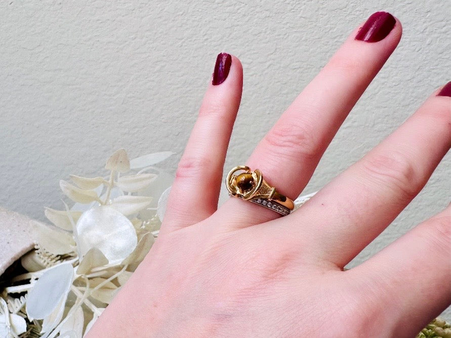 Tiger's Eye Ring, Vintage 1978 Sarah Coventry Gemstone Ring, Vintage 70s 14kt Gold Genuine Tigers Eye Ring, Adjustable Size 7
