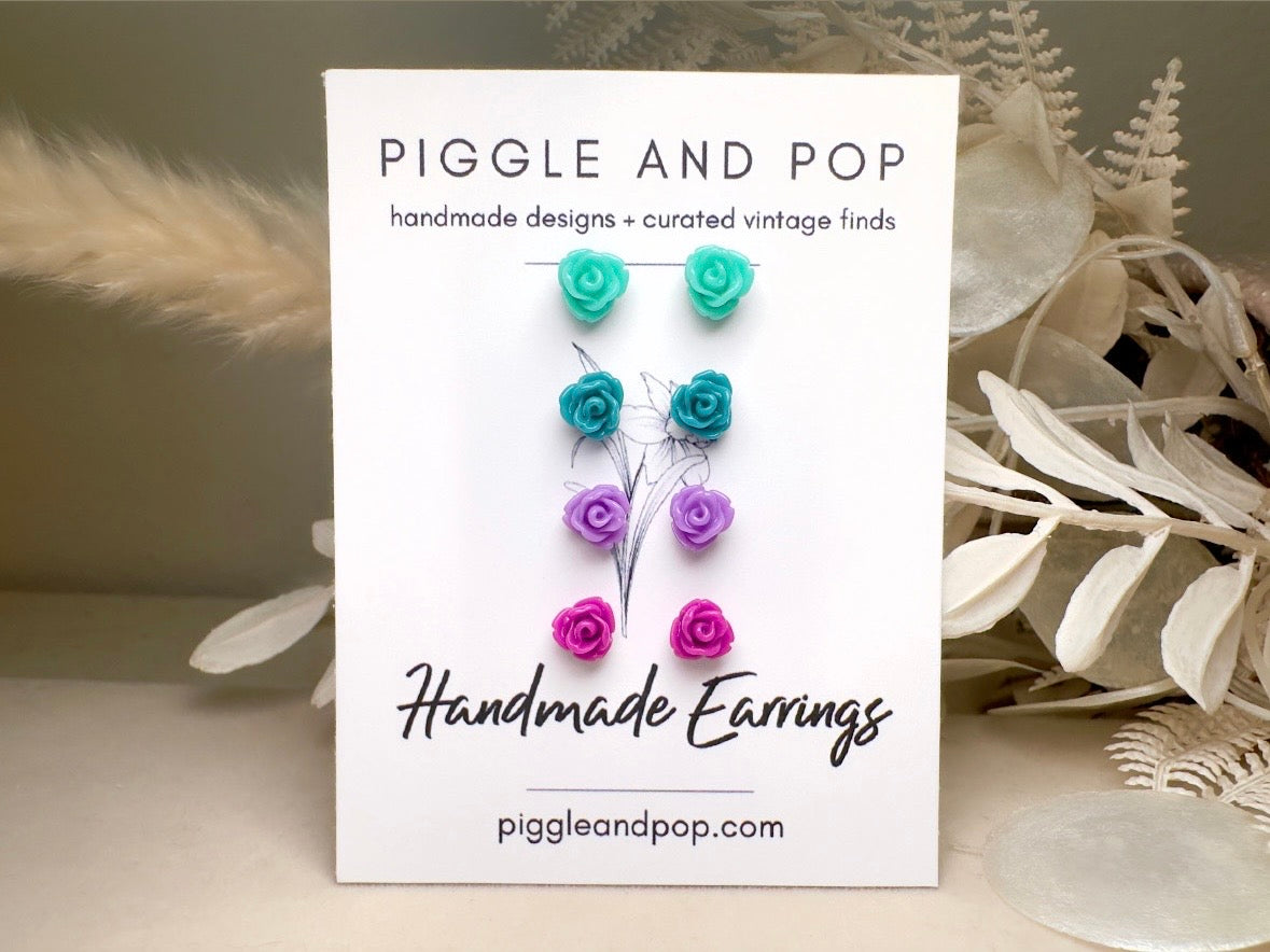 Tiny Rose Earring Gift Set, Handmade Flower Earrings in Mint Green, Teal Blue, Lavender and Plum Purple with Hypoallergenic Posts