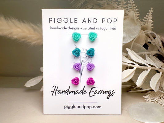 Tiny Rose Earring Gift Set, Handmade Flower Earrings in Mint Green, Teal Blue, Lavender and Plum Purple with Hypoallergenic Posts