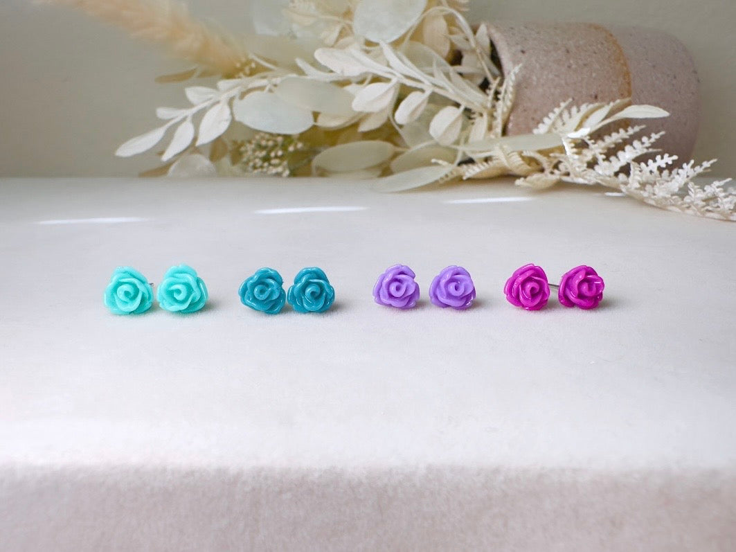 Tiny Rose Earring Gift Set, Handmade Flower Earrings in Mint Green, Teal Blue, Lavender and Plum Purple with Hypoallergenic Posts