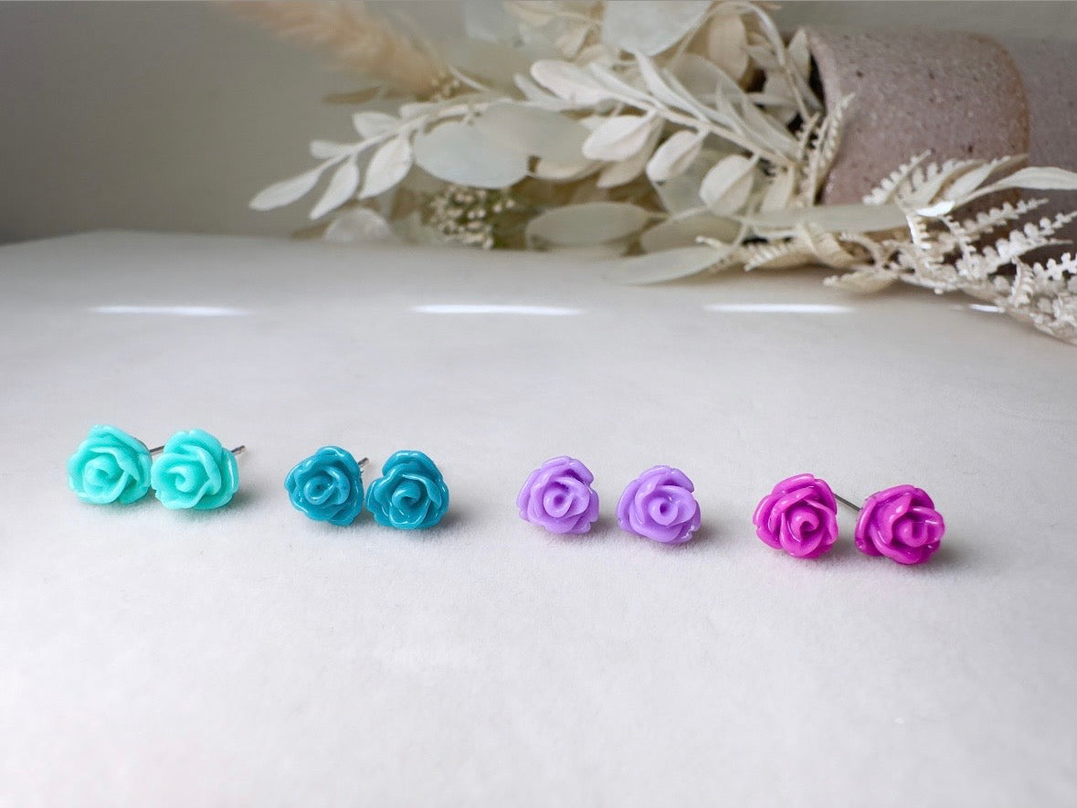 Tiny Rose Earring Gift Set, Handmade Flower Earrings in Mint Green, Teal Blue, Lavender and Plum Purple with Hypoallergenic Posts