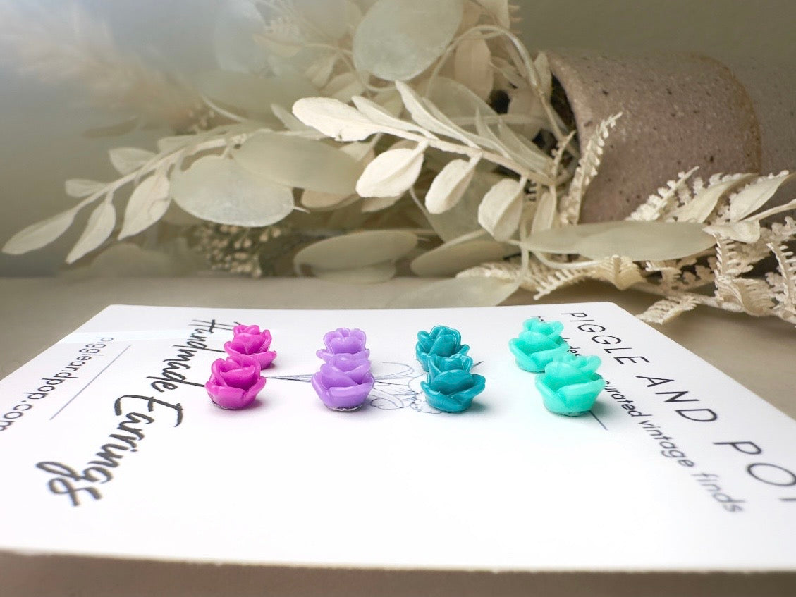 Tiny Rose Earring Gift Set, Handmade Flower Earrings in Mint Green, Teal Blue, Lavender and Plum Purple with Hypoallergenic Posts