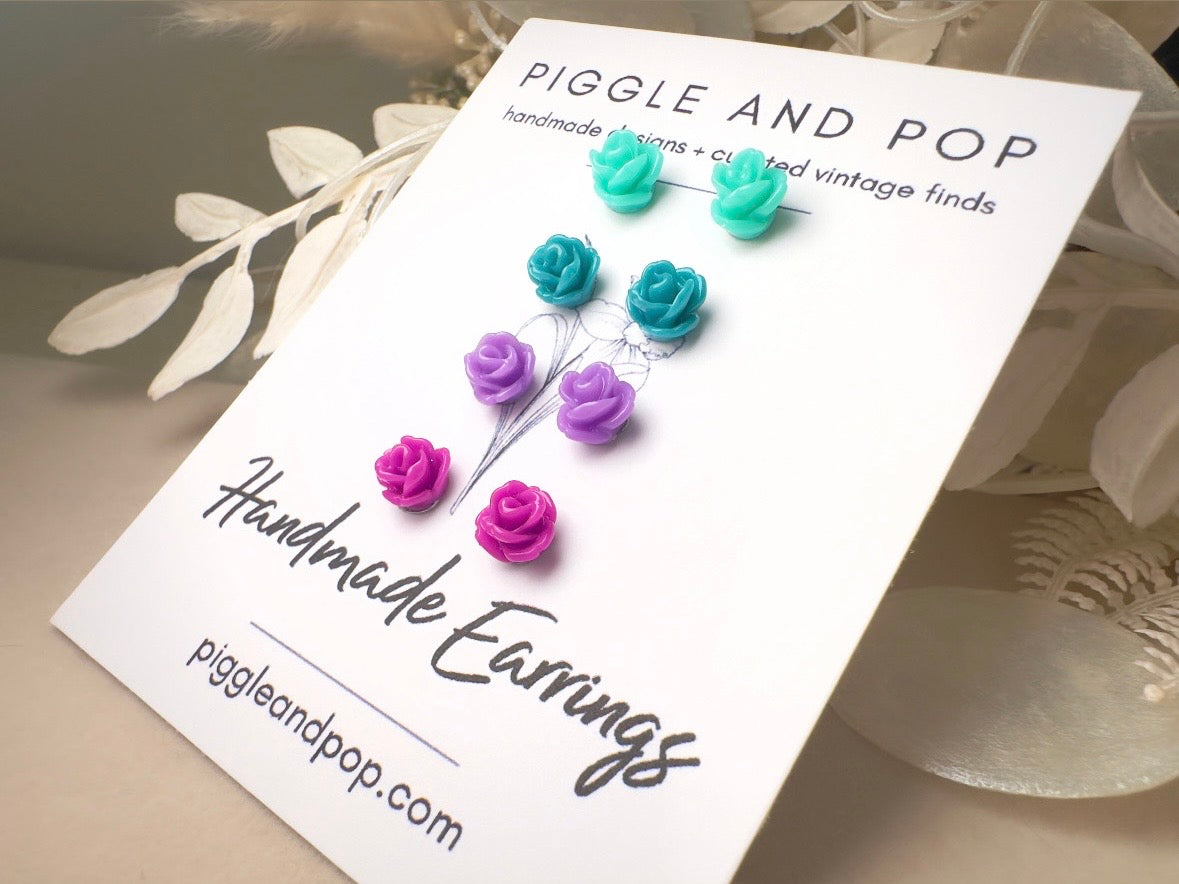 Tiny Rose Earring Gift Set, Handmade Flower Earrings in Mint Green, Teal Blue, Lavender and Plum Purple with Hypoallergenic Posts