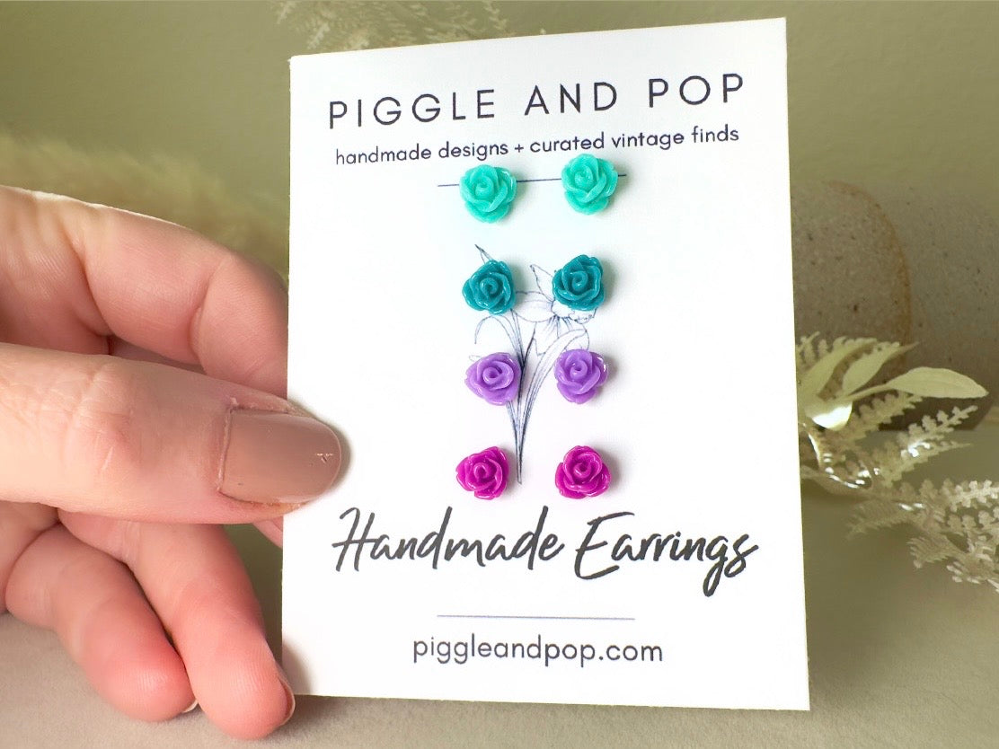 Tiny Rose Earring Gift Set, Handmade Flower Earrings in Mint Green, Teal Blue, Lavender and Plum Purple with Hypoallergenic Posts