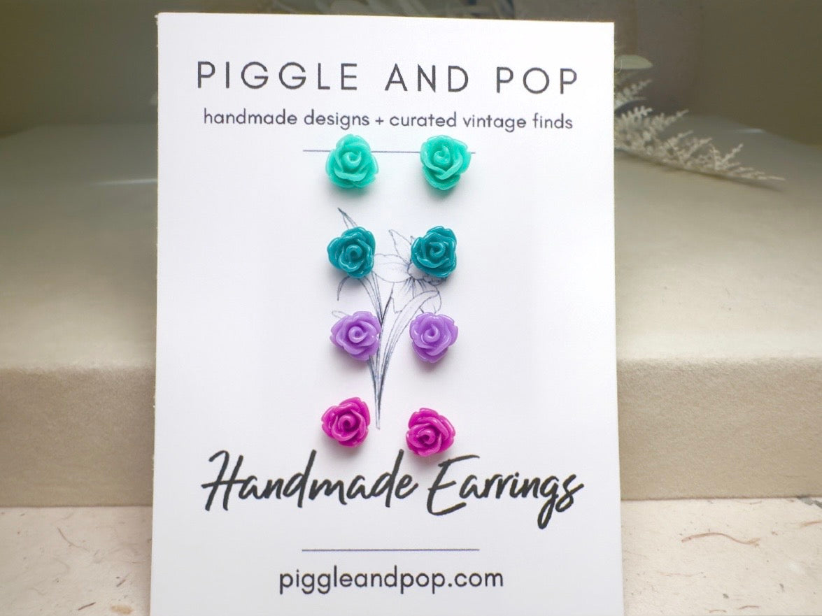Tiny Rose Earring Gift Set, Handmade Flower Earrings in Mint Green, Teal Blue, Lavender and Plum Purple with Hypoallergenic Posts