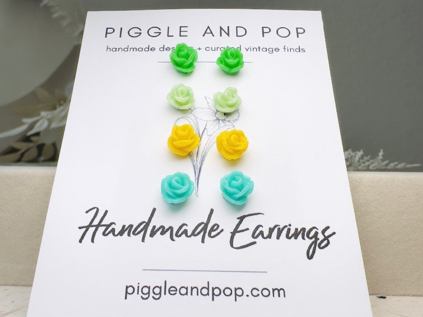 Tiny Rose Earrings in Green and Yellow, Colorful Spring Style Green Earrings