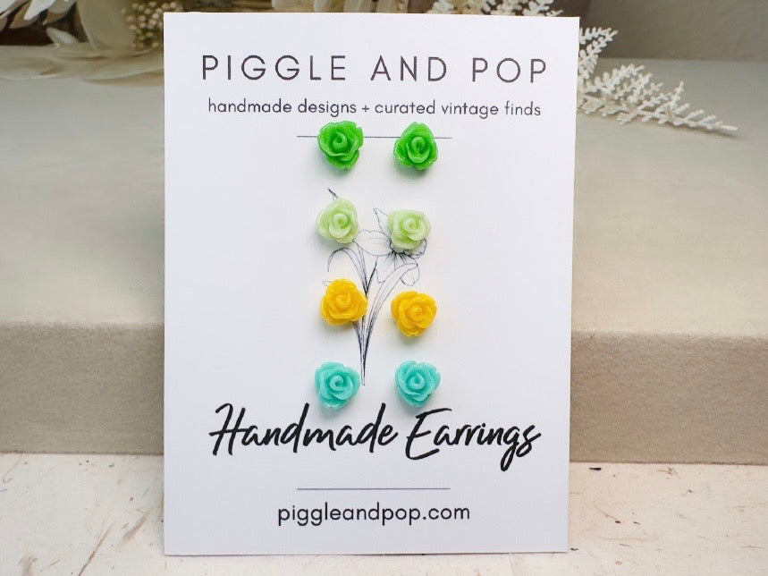 Tiny Rose Earrings in Green and Yellow, Colorful Spring Style Green Earrings