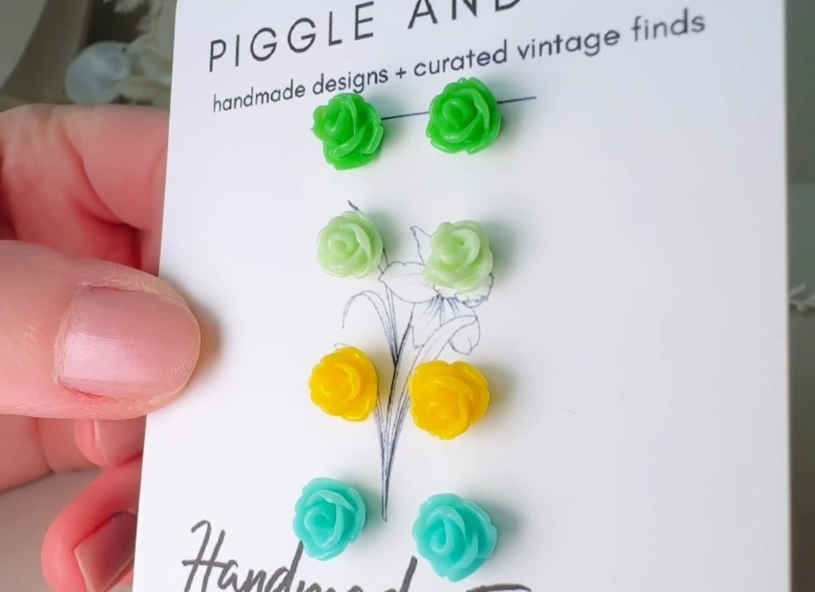 Tiny Rose Earrings in Green and Yellow, Colorful Spring Style Green Earrings