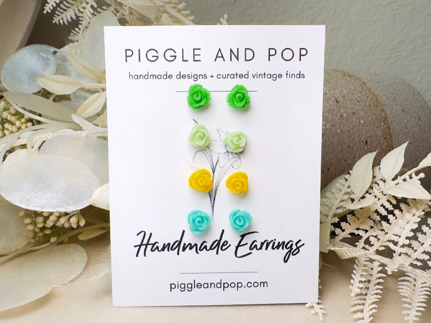 Tiny Rose Earrings in Green and Yellow, Colorful Spring Style Green Earrings