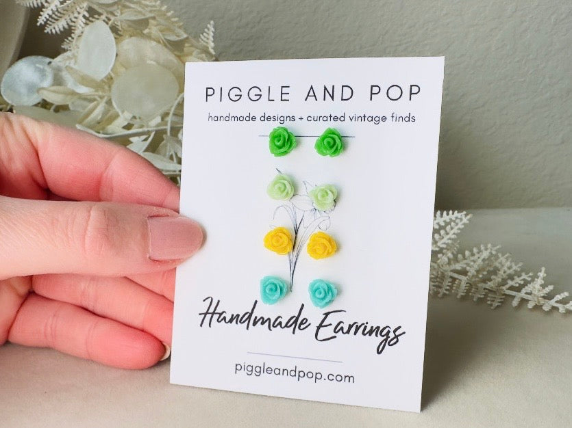 Tiny Rose Earrings in Green and Yellow, Colorful Spring Style Green Earrings