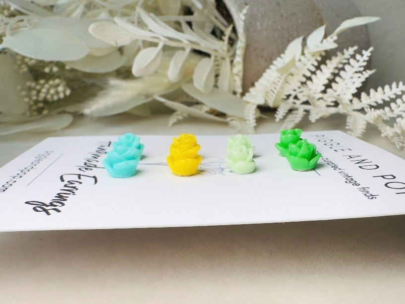 Tiny Rose Earrings in Green and Yellow, Colorful Spring Style Green Earrings