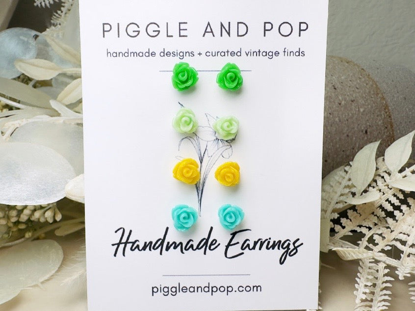 Tiny Rose Earrings in Green and Yellow, Colorful Spring Style Green Earrings, Small Resin Flower Stud Earrings
